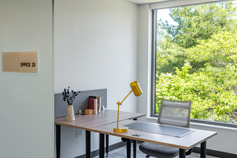 Flex at Chesterbrook's private office with a desk and chair